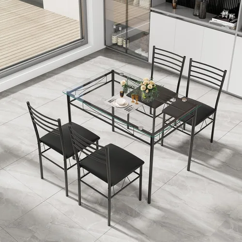 Vista 2 de NAFORT Juego de mesa de comedor de 5 piezas para 4, moderna mesa de cocina de vidrio templado de 3/8 pulgadas con 4 sillas de comedor tapizadas