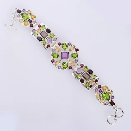 Vista 3 de Pulsera de plata de ley 925 con piedra preciosa de cuarzo ahumado y amatista de peridoto y citrino, hermosa joyería hecha a mano, regalo
