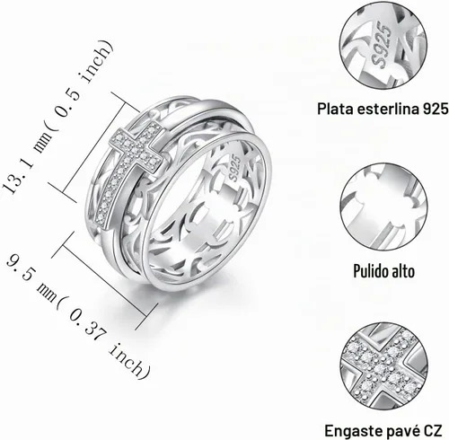 Vista 4 de Anillo giratorio de plata de ley 925 con cruz de Sariel, anillo de dedo para mujer, madre e hija