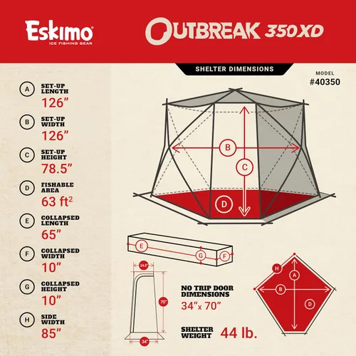 Vista 5 de Eskimo Outbreak Portable Pop-Up Ice Fishing Shelter, Stormshield Insulated Fabric, No Trip Door, Durable Hub Design, Deluxe Tie Downs