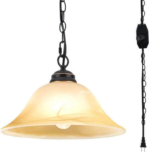 Vista 9 de Lámpara colgante enchufable con pantalla de vidrio de alabastro de 15.7" de diámetro, lámpara colgante con interruptor de encendido/apagado, cable