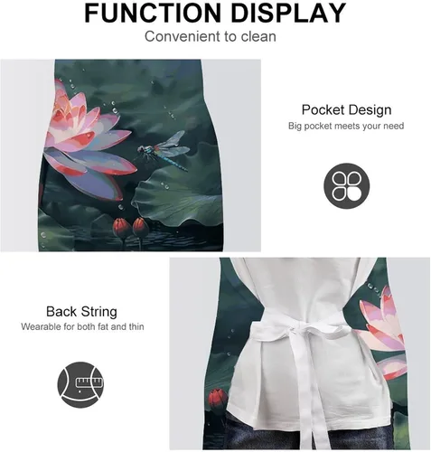 Vista 6 de MUSM Lotus Flower And Dragonfly Apron，Classic Vintage Funny with Pockets Aprons,Adjustable Bib Waterdrop Resistant for Kitchen Cooking Restaurant