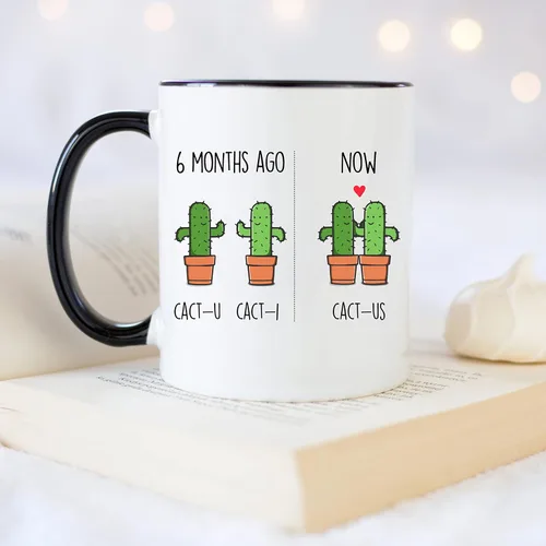 Vista 4 de YouNique Designs Taza de 6 meses, 11 onzas, Divertido 6 Taza de café de meses para novio y novia, Taza de aniversario de citas (mango negro)