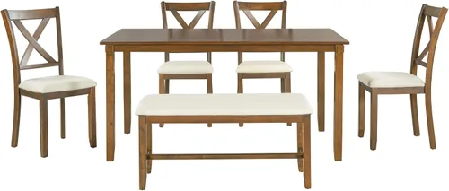 Vista 21 de LUMISOL Farmhouse - Juego de mesa de comedor de 6 piezas con banco, marrón + blanco lavado