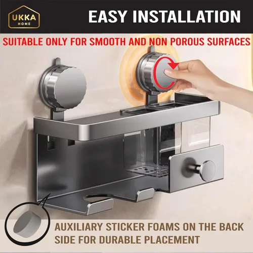 Vista 7 de Soporte de aluminio para secador de pelo con ventosa. Estante organizador de almacenamiento con estante para accesorios y herramientas para el baño.