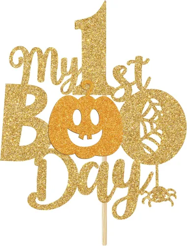 Vista 7 de Decoración para tartas My 1st Boo Day - Decoración de fiesta de Halloween/baby shower - Suministros de feliz primer cumpleaños, purpurina dorada
