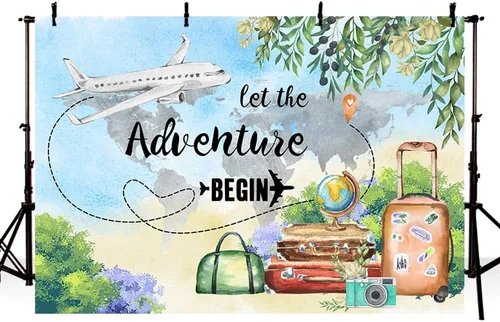 Vista 2 de MEHOFOND Let The Adventure Begin - Telón de fondo para baby shower, viaje, cumpleaños, graduación, fiesta de jubilación, pancarta de avión