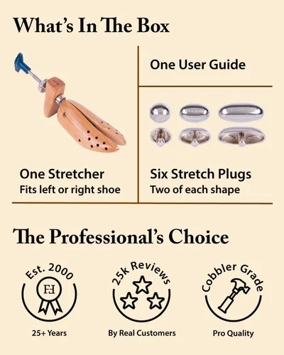 Vista 7 de FootFitter Estirador de zapatos premium profesional de 2 vías para hombres y mujeres, expande largo y ancho, diseño resistente de madera y acero
