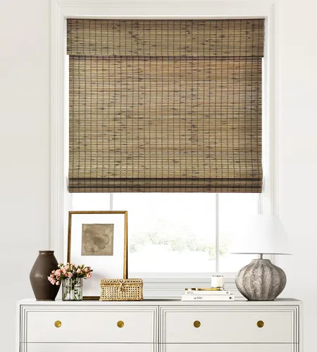 Vista 34 de LazBlinds - Cortinas romanas de bambú personalizadas sin cordón, tratamiento de ventana con filtro de luz, persianas enrollables de bambú retro