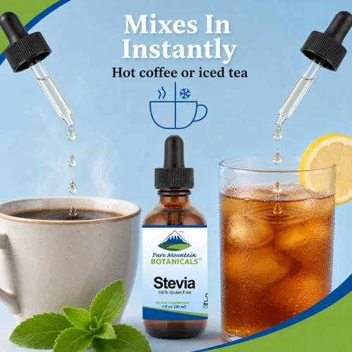 Vista 5 de Pure Mountain Botanicals Liquid Stevia Drops – Extracto de hoja de stevia edulcorante natural – Sin azúcar, Keto bajo en carbohidratos, vegano, sin