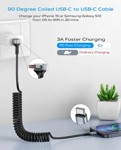 Vista 2 de Cable USB A a USB C de 90 grados, paquete de 2 cables USB tipo C en espiral de 3 pies para automóvil, cable de carga rápida USB-C compatible