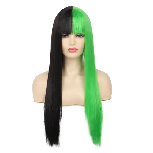 Vista 2 de Dai Cloud Peluca mitad verde medio negro con flequillo largo recto Halloween Cosplay Pelucas para mujeres sintético resistente al calor