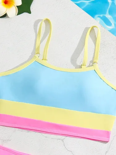 Vista 4 de Verdusa Conjunto de bikini de cintura alta con bloques de color para niña, 2 piezas, trajes de baño