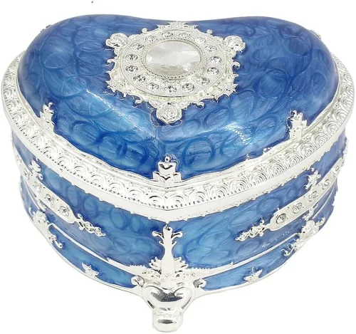 Vista 3 de ROSIKING Caja de música de aleación de metal en relieve en forma de corazón azul, caja musical antigua para joyería con cuerda, regalos