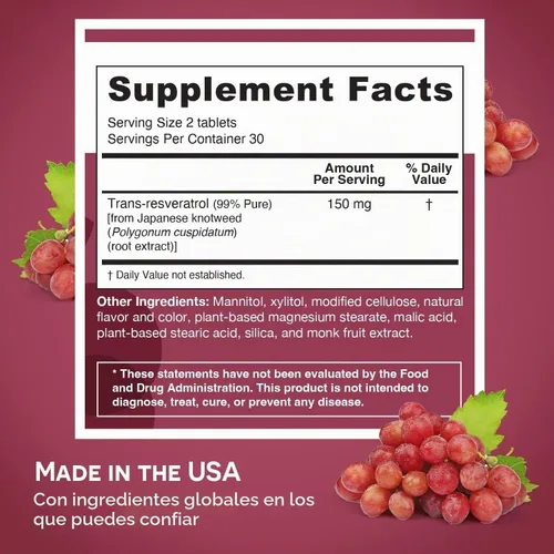 Vista 2 de EZ Melts Resveratrol soluble 150 mg, 60 comprimidos, uva roja