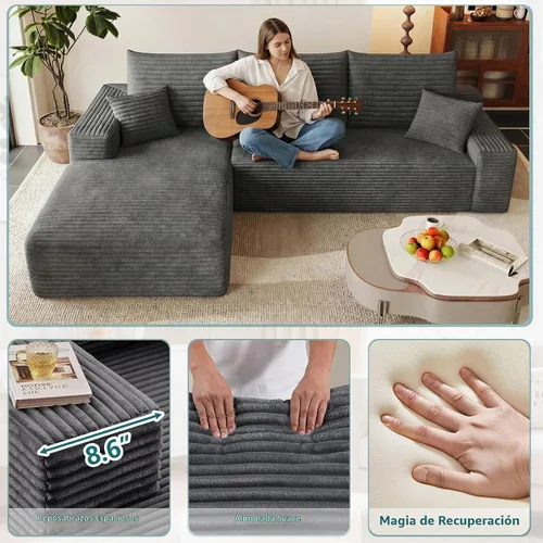 Vista 5 de Sofá modular de 95 pulgadas, sofá de nube en forma de L sin hueso con diván, asiento profundo tapizado de pana de espuma viscoelástica, no requiere
