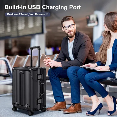 Vista 4 de SOMODE Equipaje de mano aprobado por aerolíneas con ruedas giratorias, maleta de transporte con marco de aluminio con compartimento frontal abierto