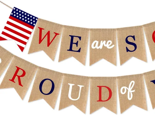 Vista 2 de Decoraciones para fiesta del Día de los Veteranos, bandera estadounidense con la frase "We Are so Proud of You", con soldados patrióticos, Día