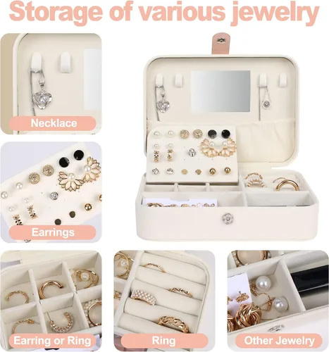 Vista 4 de Loscarol Joyero de viaje con espejo, soporte portátil de almacenamiento de joyas de viaje para mujeres y niñas, estuche organizador de joyas pequeño