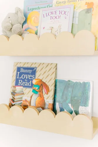 Vista 6 de Estantes flotantes para libros de guardería con bordes festoneados, estantes colgantes Montessori de madera para habitaciones de niños, estantería