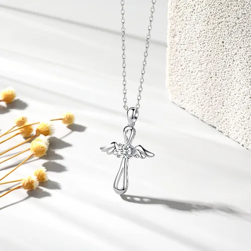Vista 6 de YosikCaes 925 Sterling Silver Cross Necklace for Women with 18K Gold PlatedGold Vermeil, Hand Set 5A Zirconia, 18+2" Chain Length, 10mm Lobster Claw