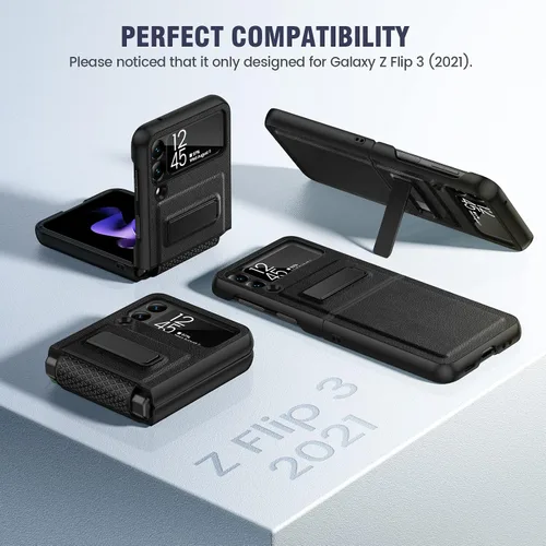 Vista 7 de Caka Compatible para Galaxy Z Flip 3 5G con soporte de patas, Funda para Z Flip 3 con protector de cámara, protección de bisagras y carga Negro
