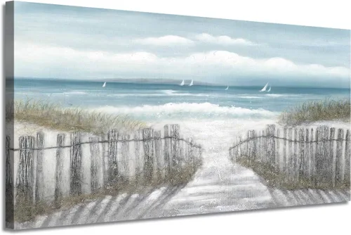 Vista 17 de Lienzo decorativo para pared, camino de playa: camino de arena con pintura de valla a la costa, impresiones artísticas para baño