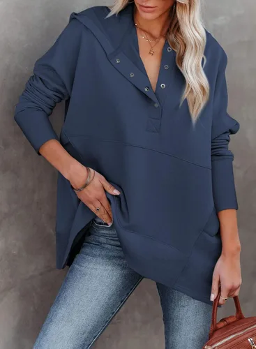 Vista 2 de Shaeueak Sudaderas con capucha para mujer estilo casual de gran tamaño con botones cuello en V con bolsillo talla XXL