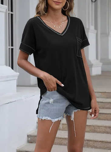 Vista 2 de INFITTY Blusas de verano para mujer, manga corta, abombada, cuello en V, ajuste holgado