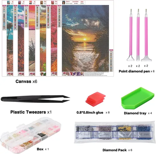 Vista 5 de abcGoodefg Kit de pinturas de arte de diamantes, 6 paquetes, kits de arte de diamantes 5D para adultos, juego de paisaje, pintura redonda de taladro
