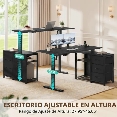 Vista 3 de Escritorio eléctrico en forma de L de 47 pulgadas con 3 cajones, mesa de computadora de almacenamiento, altura ajustable con tomas de corriente, 4