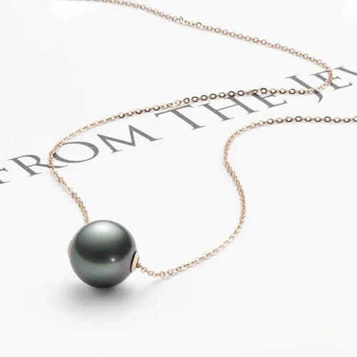 Vista 2 de 18K Gold Tahitian Black Pearl Necklace for Women, 10-11mm Tahitian Seawater Cultured Floating Single Pearl Pendant with Sterling Silver Chain