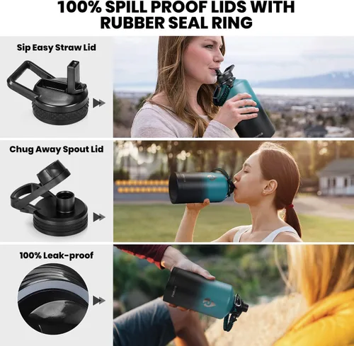 Vista 5 de RAYMYLO Botella de agua aislada de 128 onzas (índigo/negro) + botella de agua aislada para automóvil con asa de 40 onzas (índigo/negro)