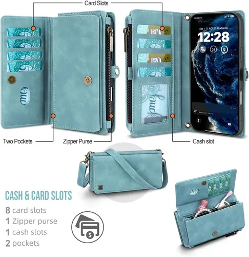 Vista 5 de Funda tipo cartera para iPhone 16 Pro Max con 8 tarjeteros, bloqueo RFID, piel sintética, función atril, abatible, correa de muñeca y correa