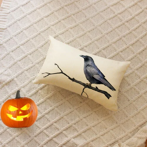 Vista 2 de Ogiselestyle Fundas de almohada de cuervo negro con texto en inglés «Happy Halloween», 12 x 20 pulgadas, fundas de almohada decorativas para el sofá