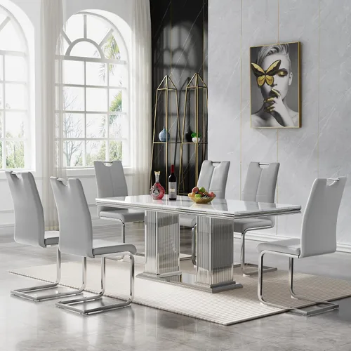 Vista 14 de 5 Piece Black Marble Dining Table Set for 4, Modern Faux Marble Kitchen Dining Room Tables with 4 Leather Chairs Set, 68.11" Luxury Rectangular