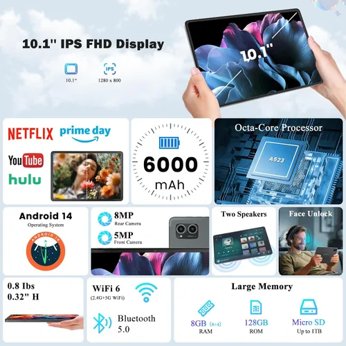 Vista 2 de Tablet Android 14, tableta de 10.1 pulgadas, procesador A523 Octa Core, 8GB+128GB+2TB Expandir tabletas de computadora, batería de 6000mAh, pantalla
