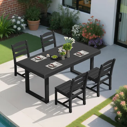 Vista 6 de SERWALL HDPE - Juego de comedor al aire libre para 4, 67 pulgadas, para todo tipo de clima, mesa de comedor y sillas sin brazos para terraza Negro