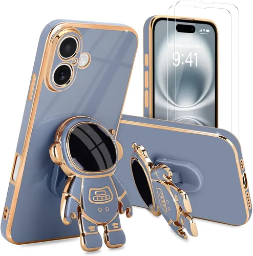 Vista 14 de Pepmune - Funda para iPhone 15 con soporte de astronauta 3D, color negro [2 Screen Protector], Luxury Electroplated Soft TPU Cover with Kickstand