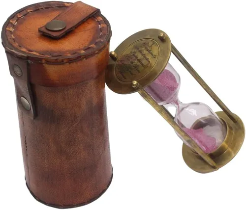 Vista 4 de Reloj de arena de latón con cita inspiradora de Thoreau Temporizador de arena atemporal con funda de cuero de primera calidad Elegante