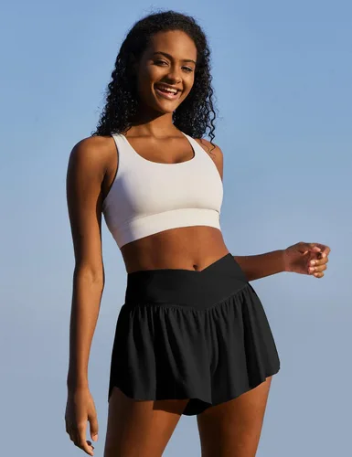 Vista 3 de IUGA Pantalones cortos deportivos para mujer, de cintura alta, para entrenamiento, correr, cruzados, fluidos, de mariposa, ropa de preparación