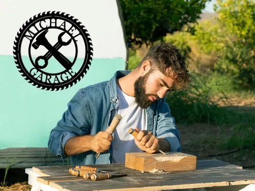 Vista 2 de Letreros de garaje personalizados para hombres, letreros de garaje para marido, regalo personalizado, taller, monograma para hombre, decoración