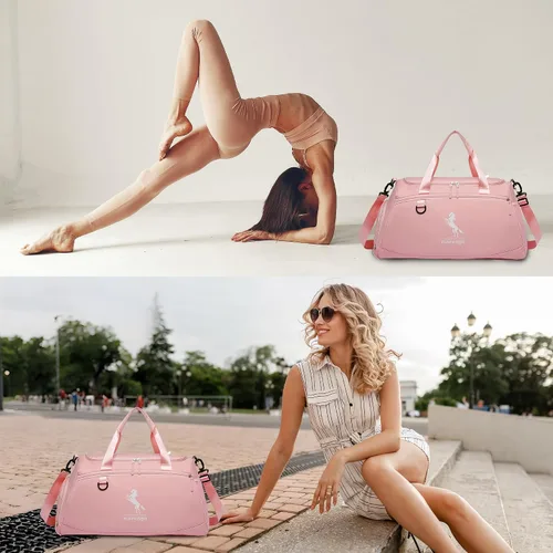 Vista 9 de Marengo Bolsa de gimnasio para mujeres y hombres, bolsa de viaje ligera con compartimento para zapatos y húmedos, para viajes, deportes, baile, yoga