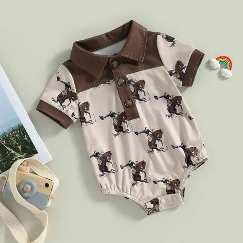 Vista 2 de Omkzanbi Ropa de bebé occidental con estampado de vaca, con botones, con solapa, polo, camisa, mameluco, retro, traje de verano