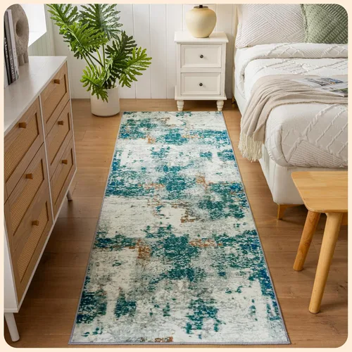 Vista 229 de Istana Alfombra larga antideslizante de 2.5 x 8 para el hogar, para pasillo y cocina, lavable, sedosa y suave al tacto, elegante, color azul y marfil