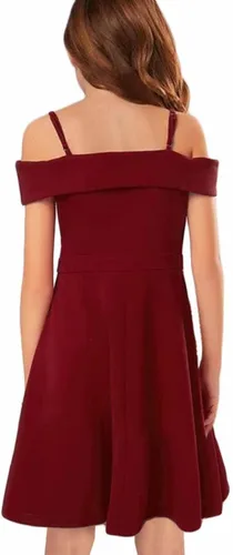 Vista 3 de Vestidos de fiesta elegantes de princesa con hombros descubiertos plisados, cintura alta, acampanados, acampanados, para niñas de 8 a 14 años