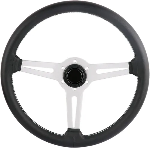 Vista 2 de Volante de 14 pulgadas/350 mm de cuero genuino con radios plateadas, volante de carreras de deriva plana, con costuras blancas
