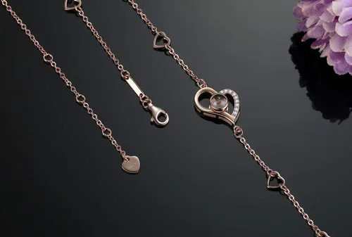 Vista 4 de OneSight Pulsera de proyección de corazón para mujer, joyería de plata de ley 925, pulsera o tobillera con memoria de amor, 100 idiomas diferentes