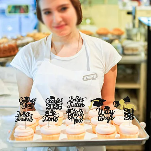 Vista 7 de 30 piezas de decoración para cupcakes de graduación para la clase de 2026 con purpurina brillante para el futuro diploma hecho 2026 Felicidades