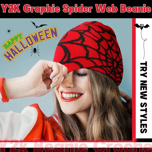Vista 5 de Gorros Y2K Y2K con patrón de telaraña, gorro de punto acrílico gótico, gorro de punto casual para hombre